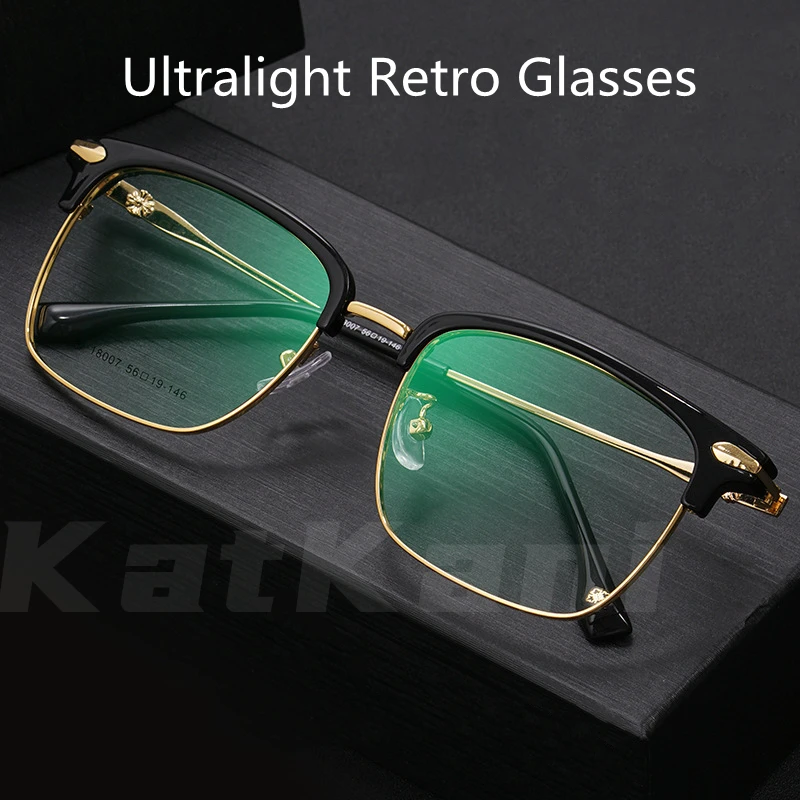 

KatKani Men's Alloy Square Retro Large Eyeglasses Frame Ultra Light Fashion Full Frame Optical Prescription Glasses Frame K18007