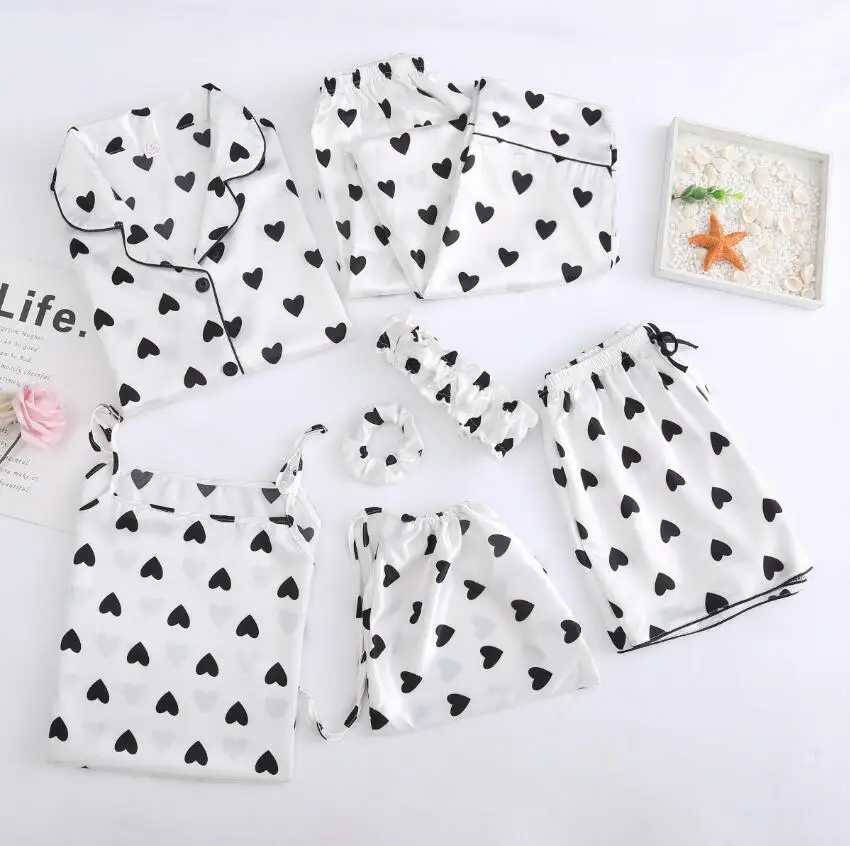 

7 Pieces Set Love Pattern Pyjamas Sweet Printing Fashion Women Pajamas Ice Silk Sleepwear