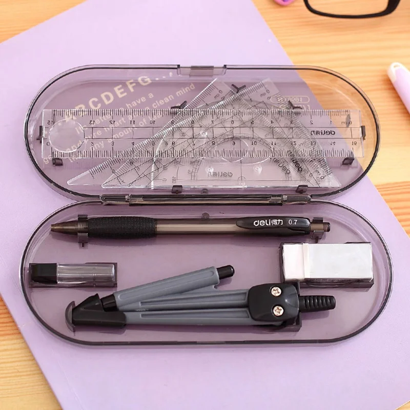 8Pcs/set Plastic+metal Geometry Protractor Drawing School Eraser Compass Set Math Ruler For Students high quality | Канцтовары для