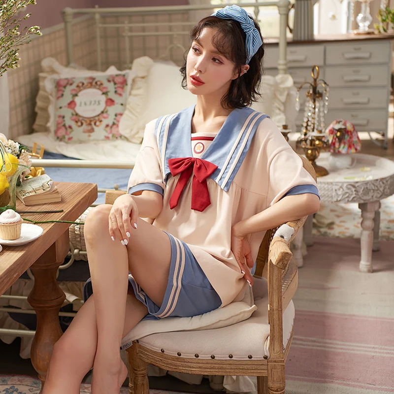 

Summer Princess Lolita Style Women's Cotton Short Sleeve Pajamas Set Kawaii Navy Collar Bows Sleepwear Casual Plus Size Homewear