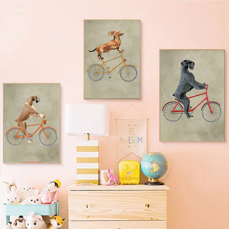 Постеры и принты собаки на велосипеде забавное милое украшение для дома
