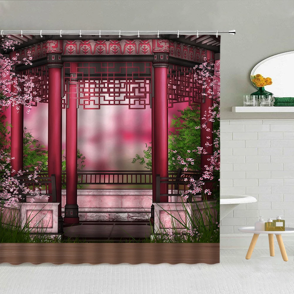 

Chinese Style Shower Curtain Classical Building Wall Pink Flower Retro Scenery Bathroom Decor Waterproof Fabric Hooks Curtains