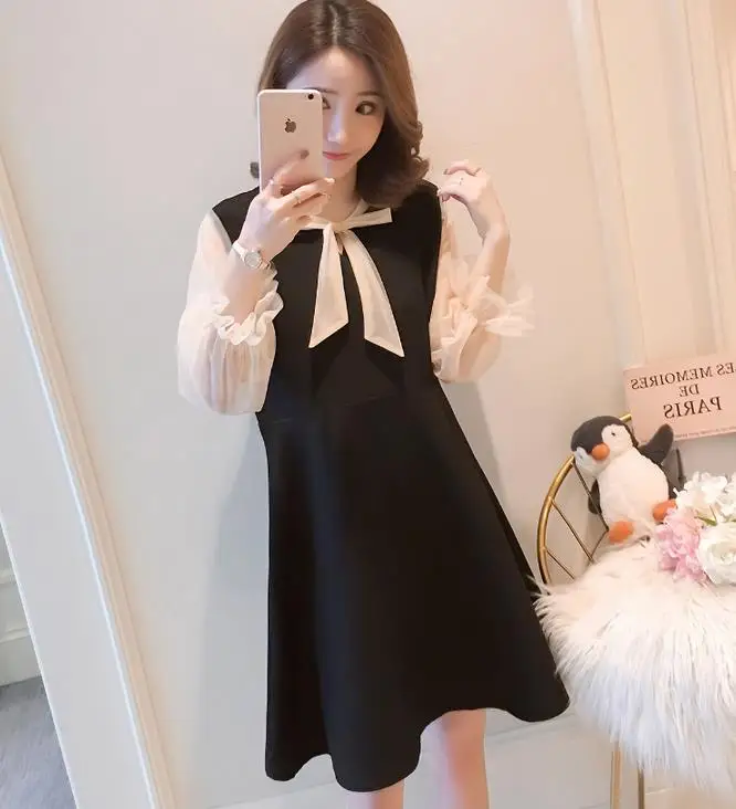 

Spring Autumn Elegant Maternity A-line Dresses Mesh Patchwork Flare Long Sleeve Pregnant Dress Bow Tie Pregnancy Vestidos