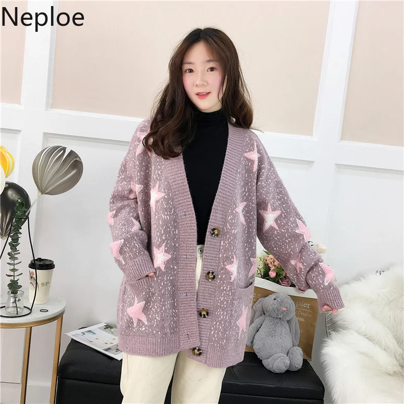 Neploe Корейская фея Свободный кардиган размера плюс пот звездное небо узор вязаный