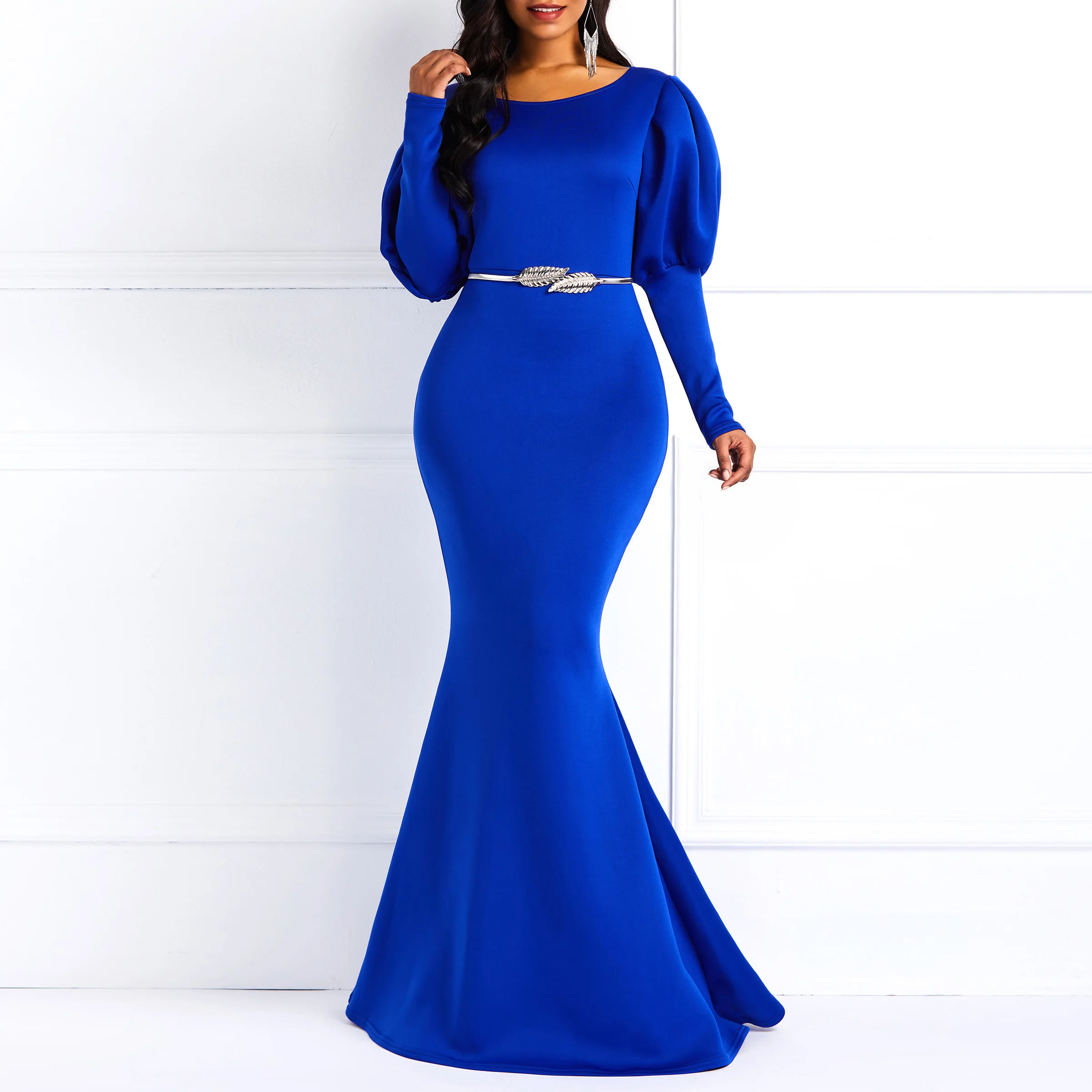 Ярко-синие вечерние платья элегантного размера плюс Русалка совок шеи с длинным рукавом Женская мода Ретро вечерние длинные платья