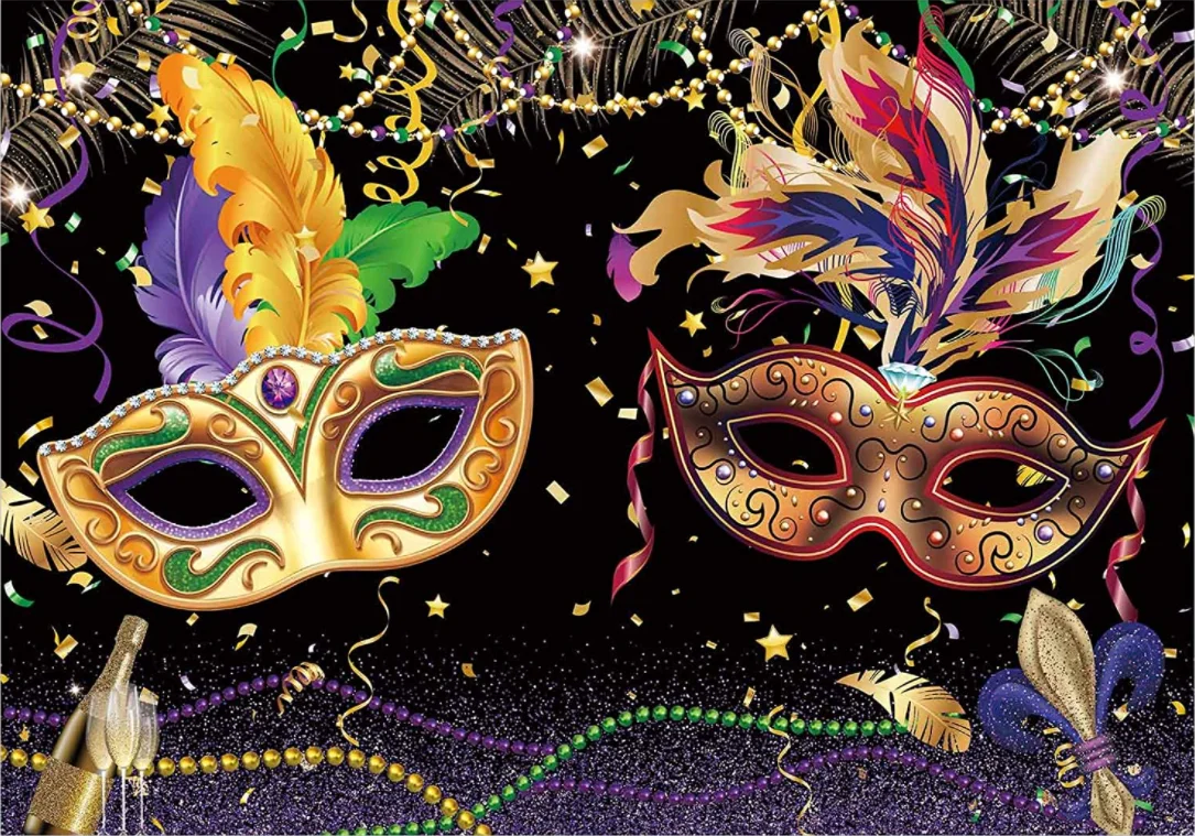 Mardi Gras Backdrop Carnival Fiesta Masquerade Background Dancing Dress-up Festival Party Supplies Purple Green Gold Beads Decor enlarge