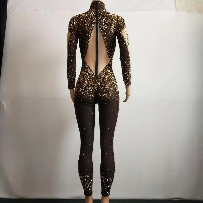 High Elastic Beading Hollow Out Print DJ DS Costume Dance Jumpsuit | Женская одежда