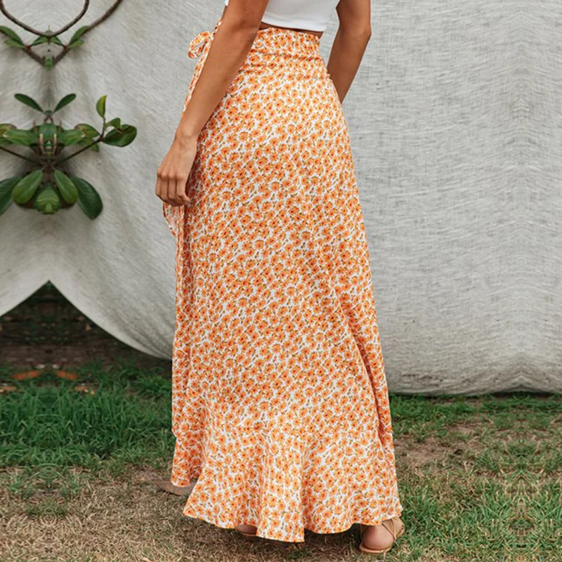 

Spring Summer Long Print Skirt Women Ruffles Cotton A Line Casual Ankle Length Skirt 2020 New