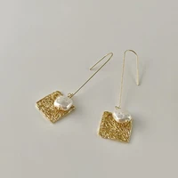 allnewme vintage gold color hollow geometric coin irregular genuine pearl pendant earrings for women metal earrings accessories