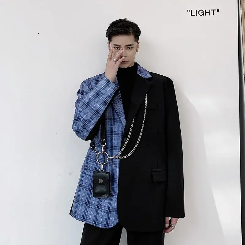 

IEFB /men's wear color block patchwork loose big size suit coat for men 2021 spring new single breasted blazers design 9Y4127