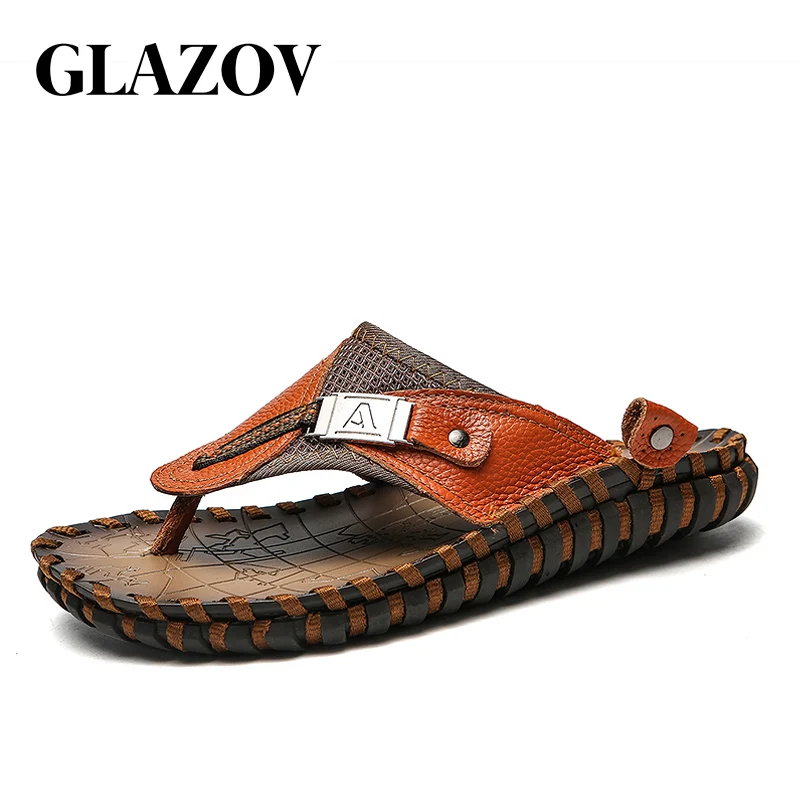 

GLAZOV Brand Men's Flip Flops Genuine Leather Luxury Slippers Beach Casual Sandals Summer for Men Fashion Shoes New Big Size 48