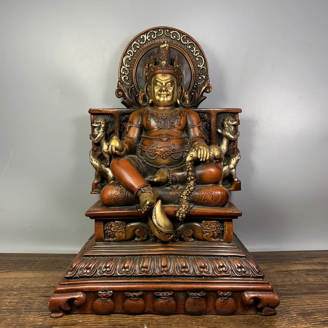 

11" Tibet Buddhism Old Bronze Gilt Real gold Yellow God of Wealth Buddha Huang Caishen Sitting Buddha Chair Tantra Protector