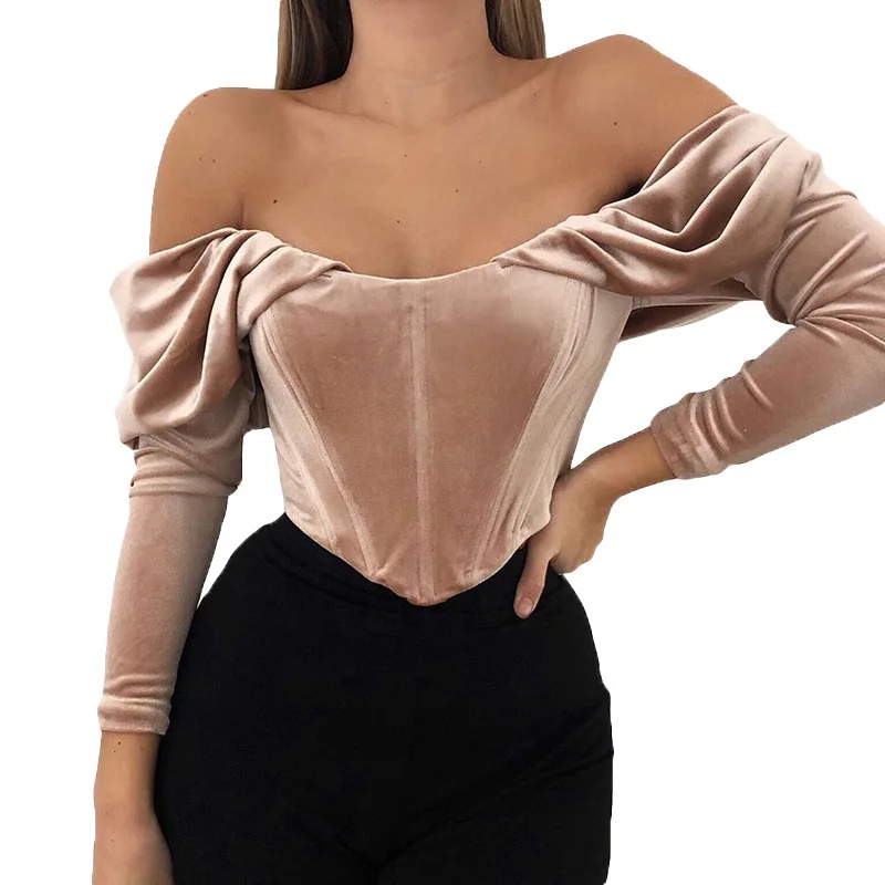 

Backless Off Shoulder Tops Solid Color Slash Neck Velvet Slim Elegant T Shirt Ladies Trendy Clothes Streetwear Women Sexy Tees