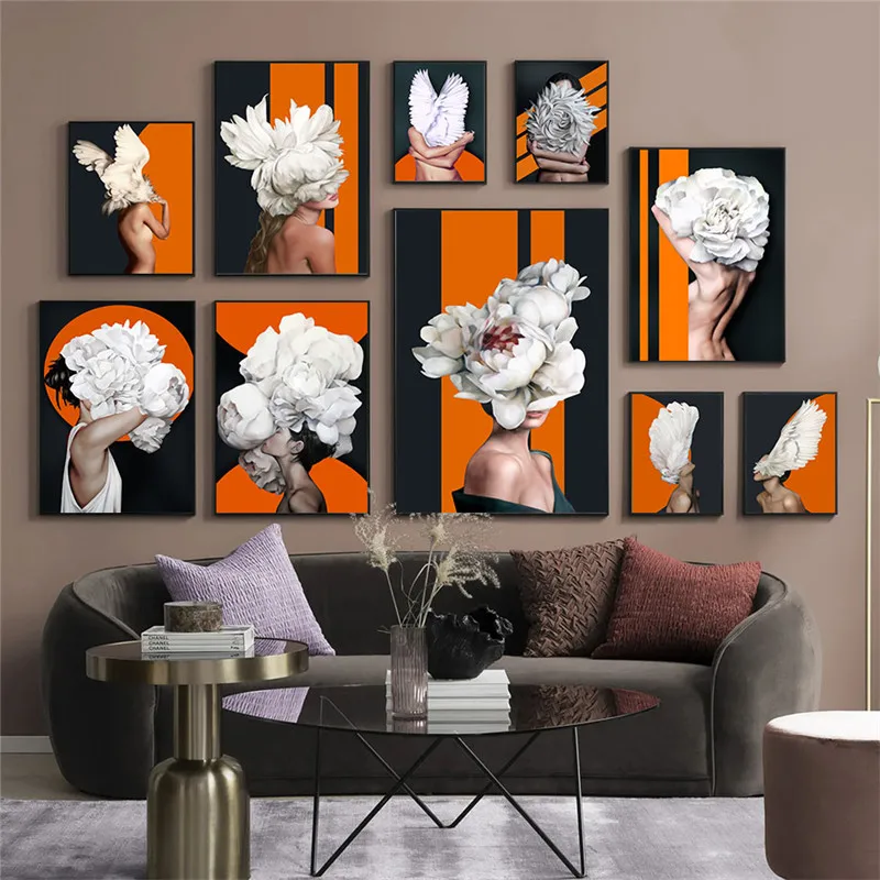 

Modern Fashion Woman Poster Abstract Lady with Flower Canvas Prints Frameless Wall Art Pictures for Living Room