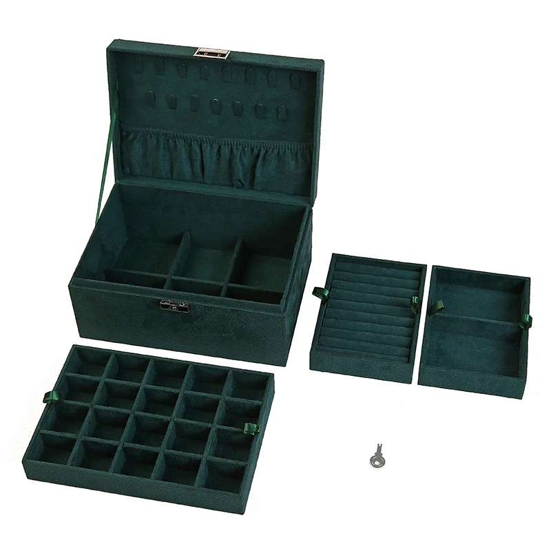 WE Exquisite 3-layes Green Flannel Jewelry Box Home Jewelry Organizer Necklace Earring Ring Watch Storage Box for Women Gifts