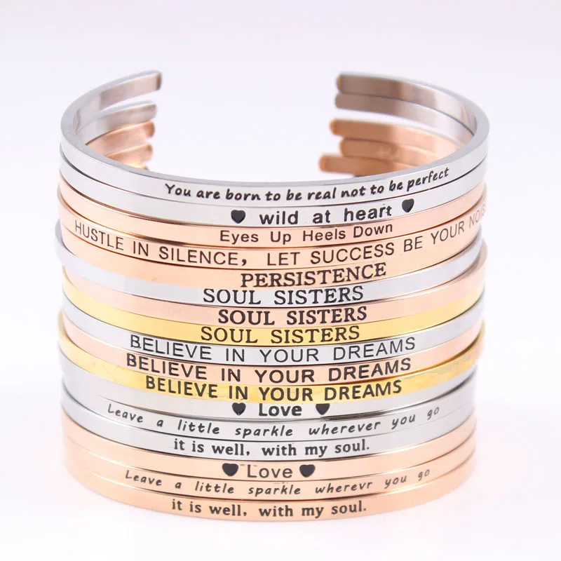 

New Arrival! Rose Gold Stainless Steel Engraved Positive Inspirational Quote Stamped Cuff Mantra Bracelet Bangle For Women