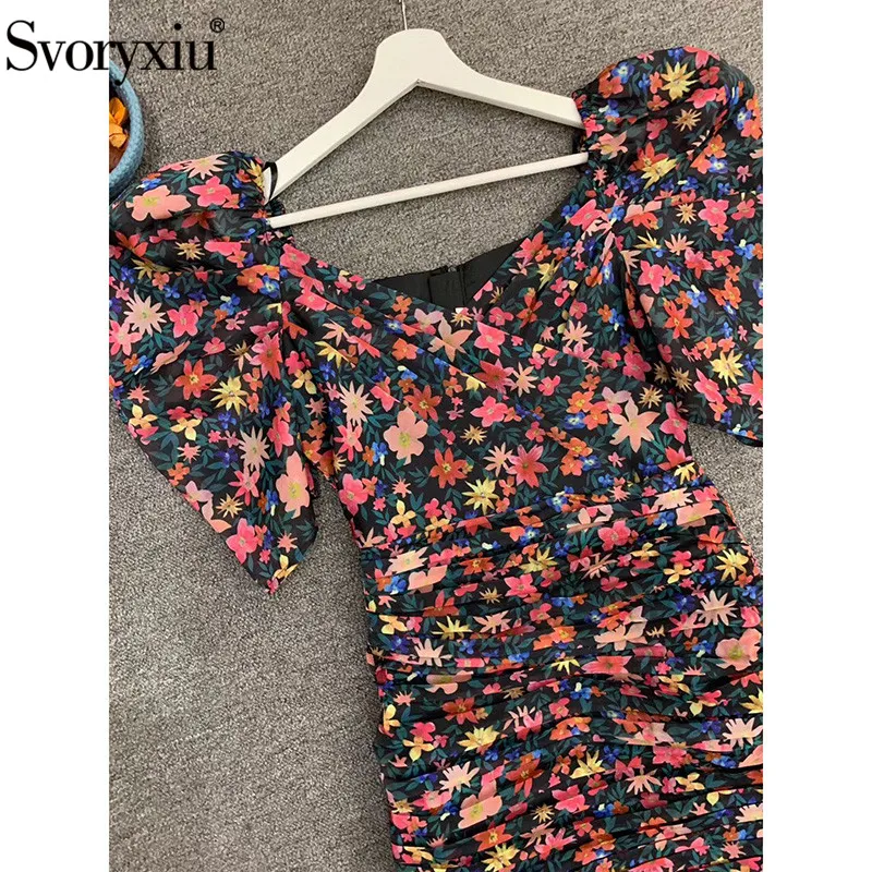 Svoryxiu сексуальный V Воротник Ruched Bodycon Летние вечерние мини платья женские пышные с коротким рукавом цветочный принт посылка ягодицы платье