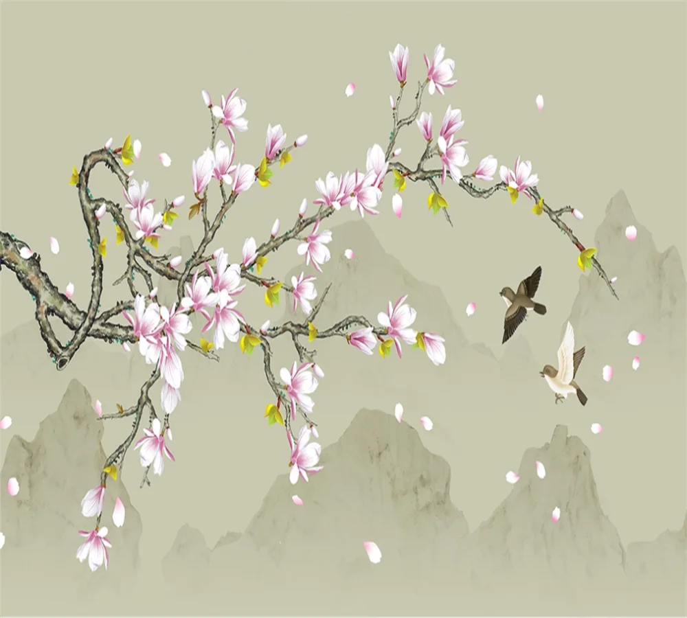 3D-обои на заказ роспись Магнолия Ручная цветы и птицы тщательные новый фон в