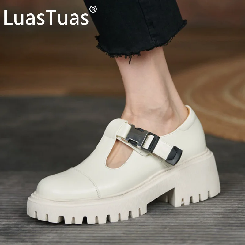 

LuasTuas 2022 Real Leather Women Pumps Shoes Thick Heels Buckle Strap Fashion Ins Outdoor Casual Ladies Footwear Size 34-39