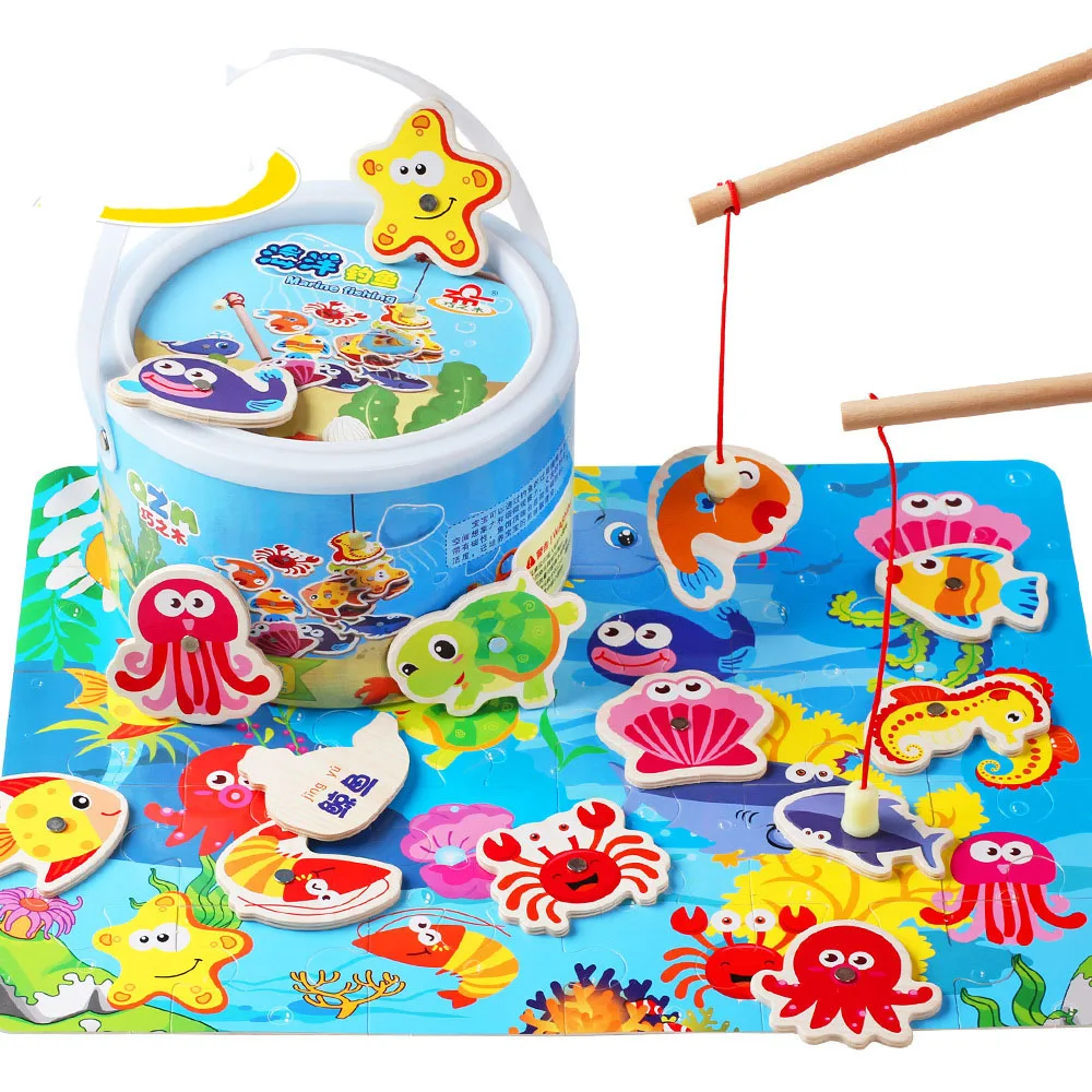 3D Wooden Magnet Fish Puzzle Kids Toys Magnetic Fishing Parent-child Interactive Toy For Children Educational Indoor Fun Game