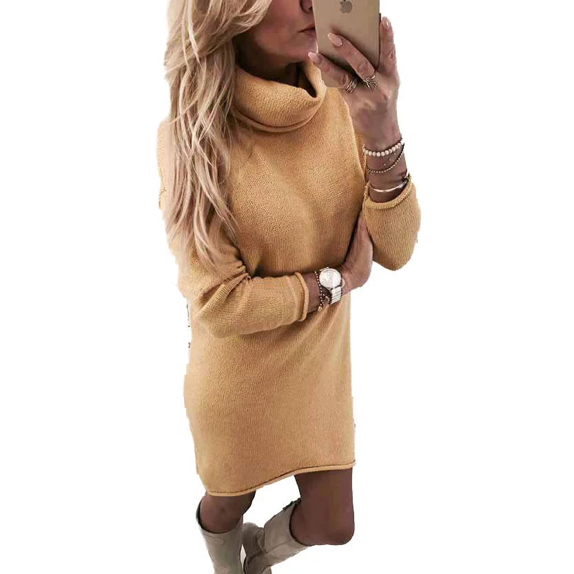 

2020 long sleeve dress slim bottoming shirt high collar wool dress medium length dress for women