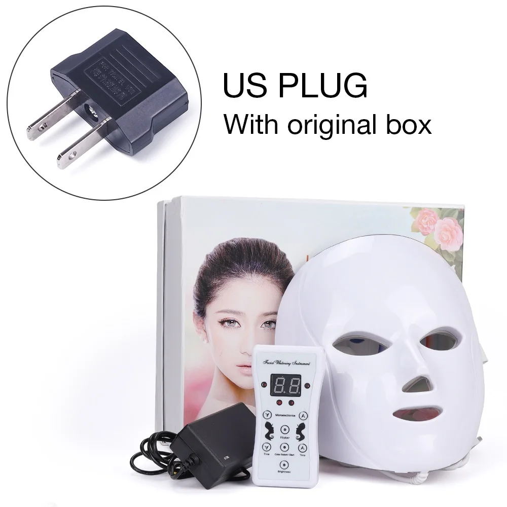 US PLUG with BOX 7 цветов светодиодный аппарат для ухода за кожей лица против морщин устройство для удаления акне Красота спа устройство омоложение кожи белый маска для лица - Цвет: US PLUG with BOX