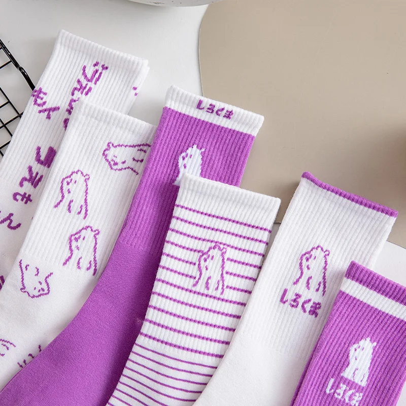 

10Pairs Spring and summer women's cotton socks mid-waist fashion bear socks Japanese cute cartoon purple Harajuku college