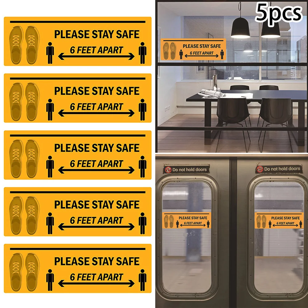 

5PCS Please Stay Safe 6 Feet Apart Warning Signs Social Distancing Stickers For Doors, Walls, Windows