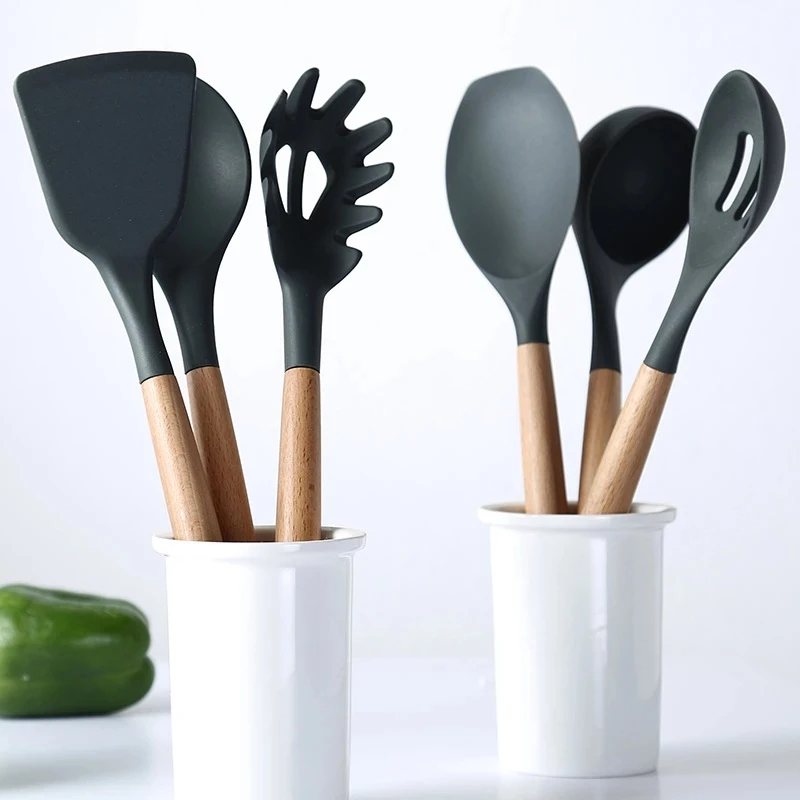 silicone kitchenware cooking utensils set non stick cookware accessories spatula wooden handle black cute kitchen gadget sets free global shipping