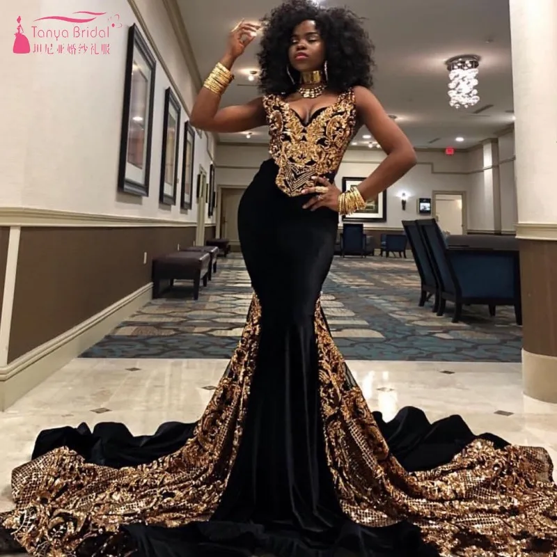 Sparkly Gold Lace Mermaid Prom Dresses Black Girl V Neck Appliqued Black Formal Dress Sweep Train Evening Gowns W067
