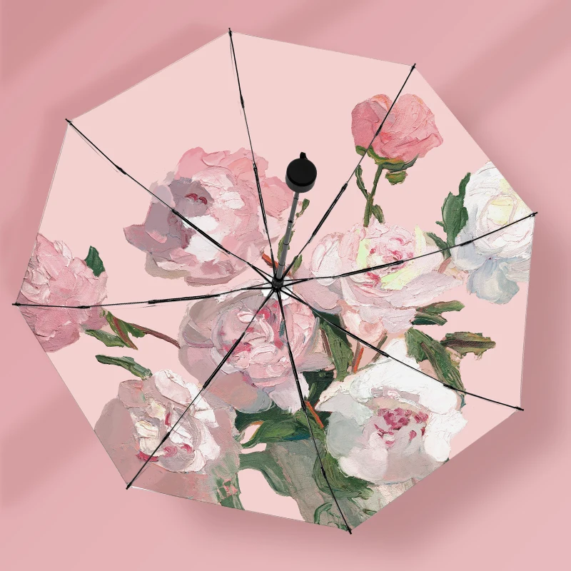 Зонтик солнцезащитный в ретро стиле ручная роспись Розовый пион титан серебро