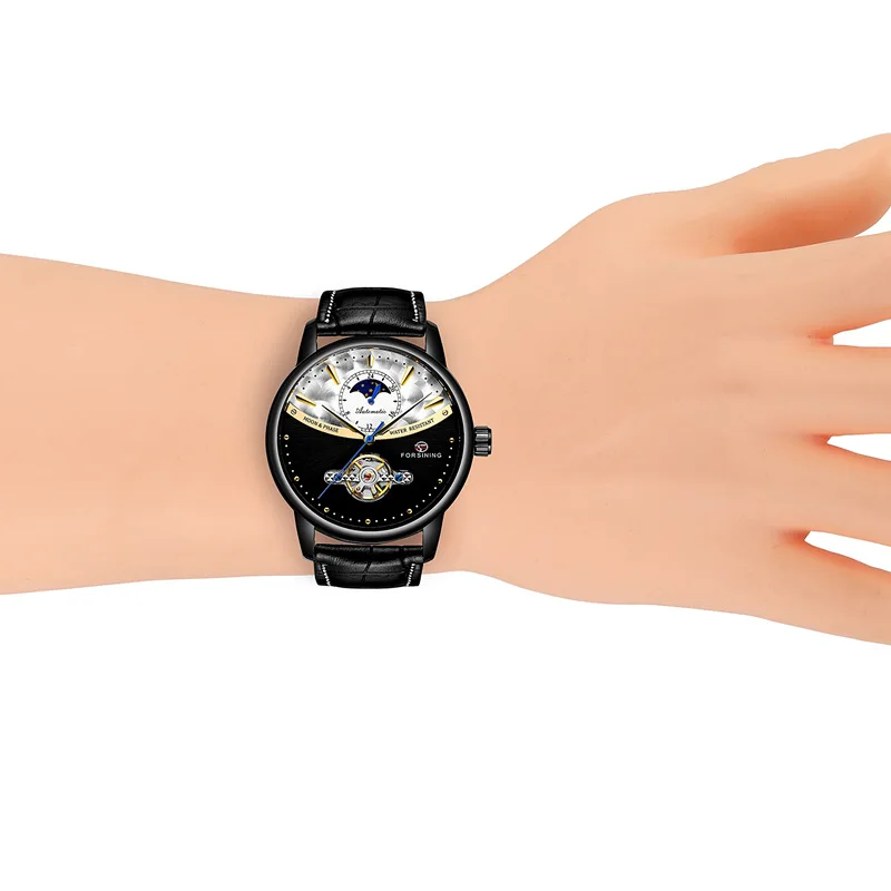 

FORSINING Men's MoonPhase Automatic Mechanical Watches Black Leather Tourbillon Busines Casual Simple Luxury Mens Clock Relogio