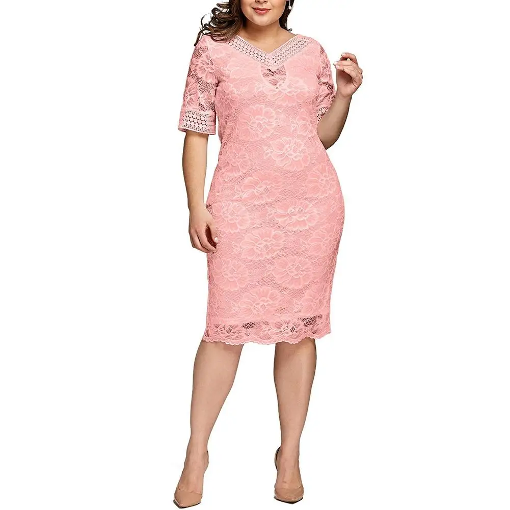 Мода цветок кружева V образным вырезом Половина рукава размера плюс вечерние