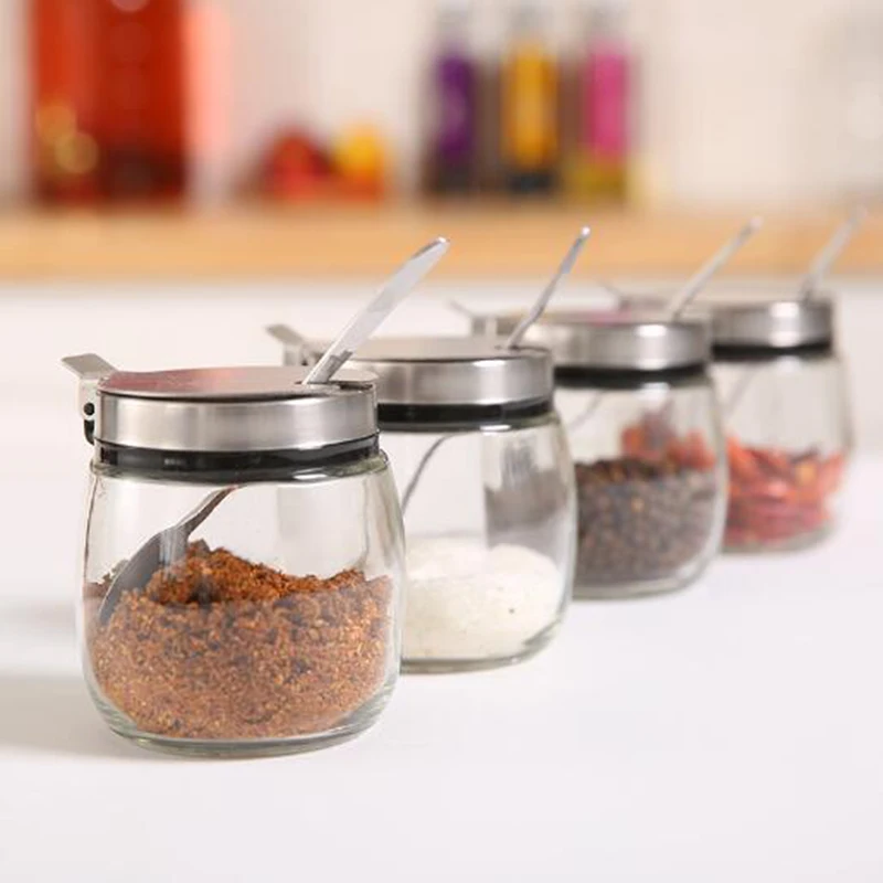 

Lead-free glass bottle, stainless steel spoon and lid seasoning jar,Spice jar,Kitchen seasoning jar