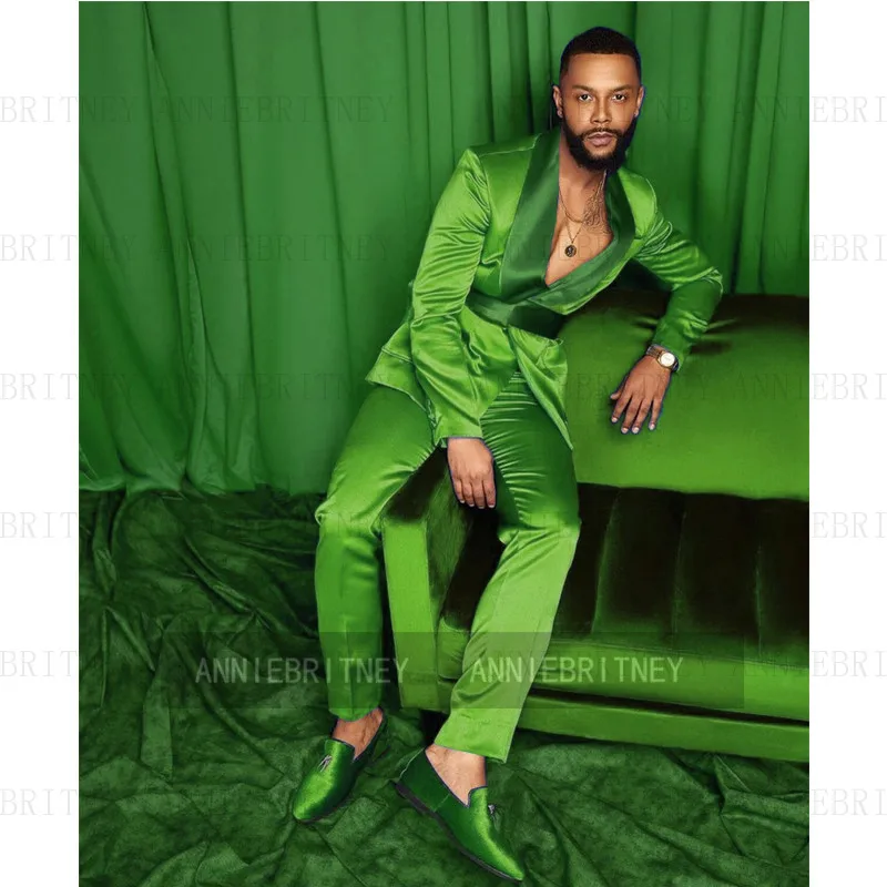 

2021Top New Arrive Green Satin Suit Men 2 Pieces Belt Jacket Pants Tailor Slim Fit Wedding Groom Custom Party Dress Blazer Set