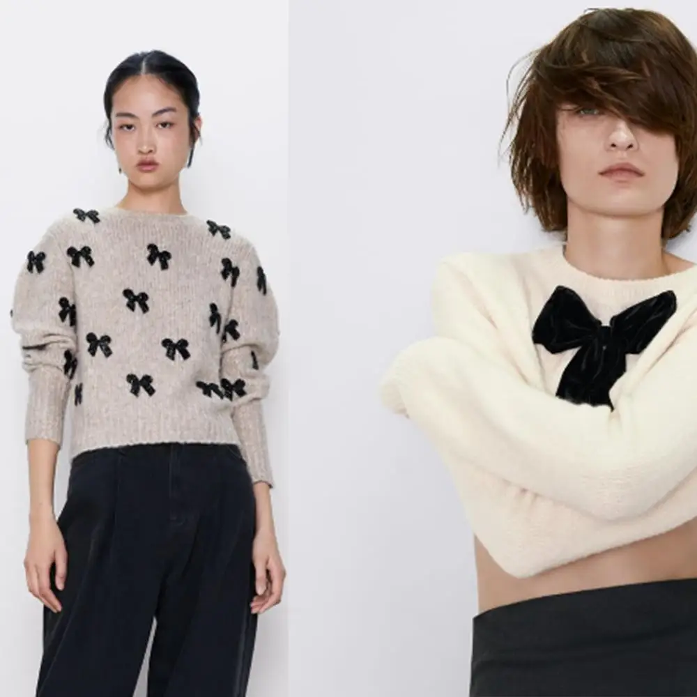 2019 ZA Women's Knit Sweater Fashion New Winter Bow Bohemian Long Sleeve Round Neck Party Gift | Женская одежда