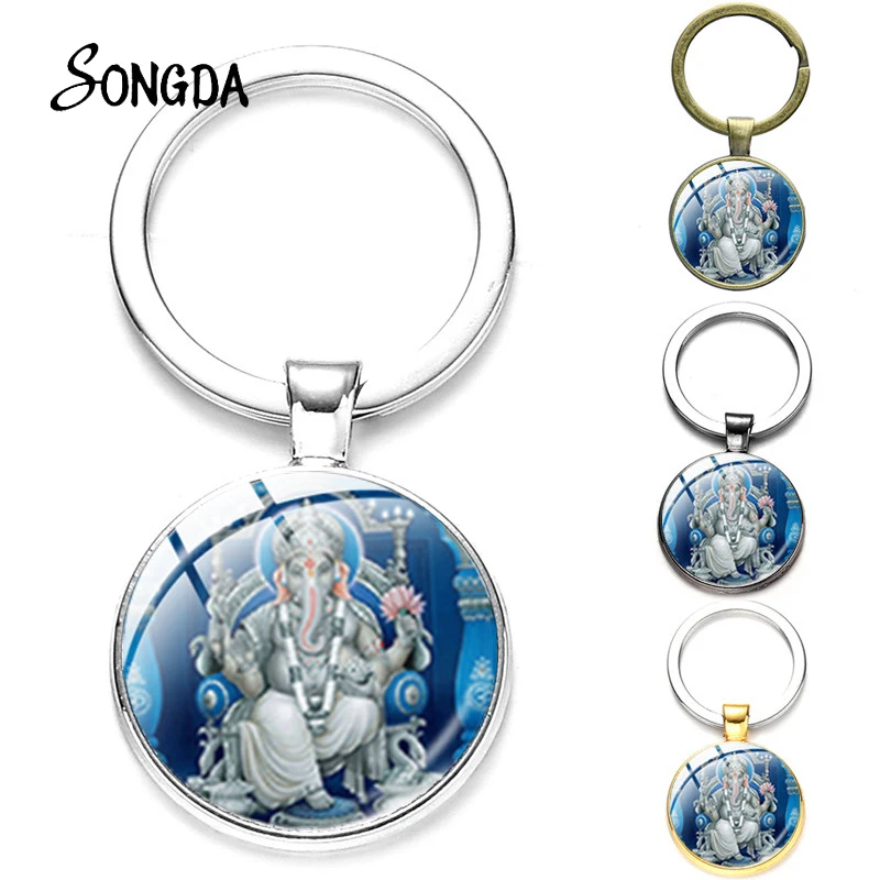 

Ganesha Buddha Elephant Keychain Hindu Elephant Lord Lotus Meditation Spiritual Glass Pendant Key Chain Ring Women Men Jewelry