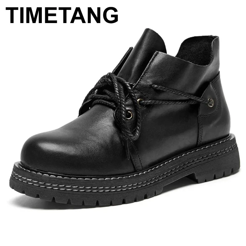 

TIMETANG 2021 New Autumn Genuine Leather Round Toe Martin Boots Casual Retro Hoof Heels Lace-up Ankle Women Shoes