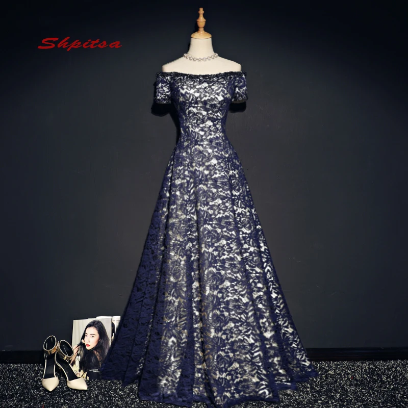 Темно-синие длинные кружевные вечерние платья вечерние размера плюс с открытыми плечами трапециевидные женские вечерние платья для выпуск...