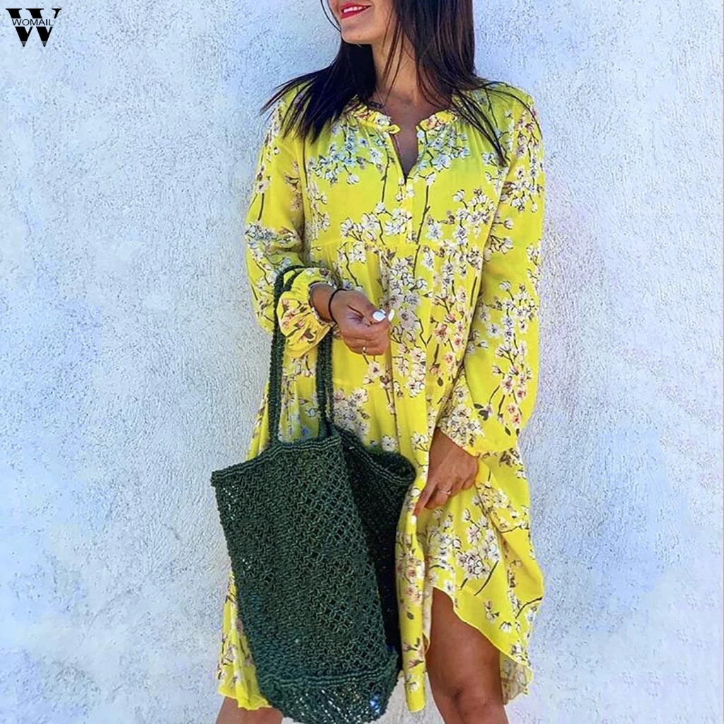 Женское пляжное платье с принтом свободное большого размера длинным рукавом и V