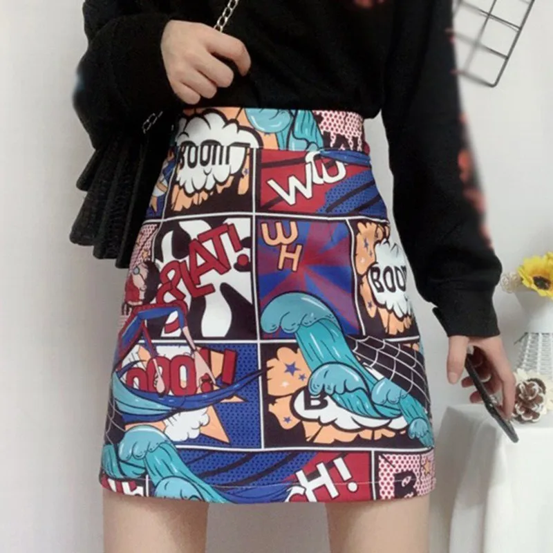 

New Graffiti Print Skirt For Women Cartoon Comic Skirt Ulzzang Street Wear Female Hippy Skirts