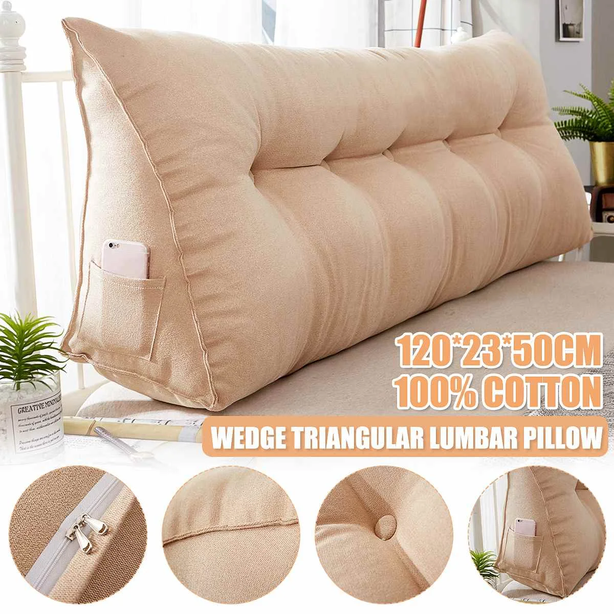 

120cm Triangular Wedge Lumbar Pillow Support Cushion Backrest Bolster Soft Headboar