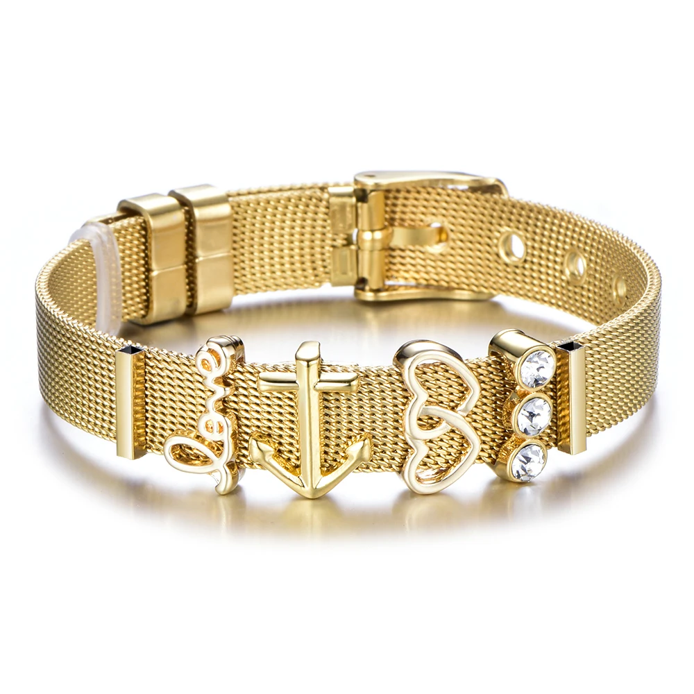 Gold Color Высококачественный сетчатый Браслет из нержавеющей стали, очаровательный брендовый браслет с кристаллами для мамы, для женщины, жена мать, подарок на день - Окраска металла: Gold Color