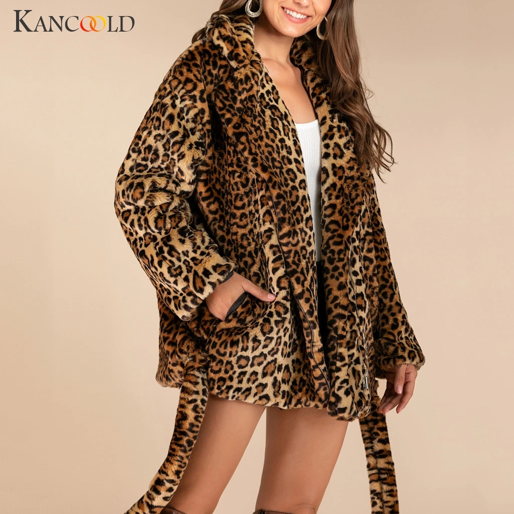 

KANCOOLD coats Fashion Leopard Faux Fur Outwear Cardigan Loose Hooded Pocket Sashes zipper new coats and jackets women 2019AUG21