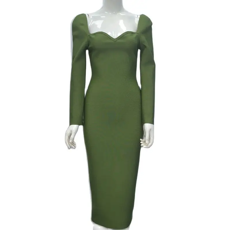 

New spring ladies Green mid length dress full sleeve v-neck women bodycon slim fit dresses backless sexy for party wedding