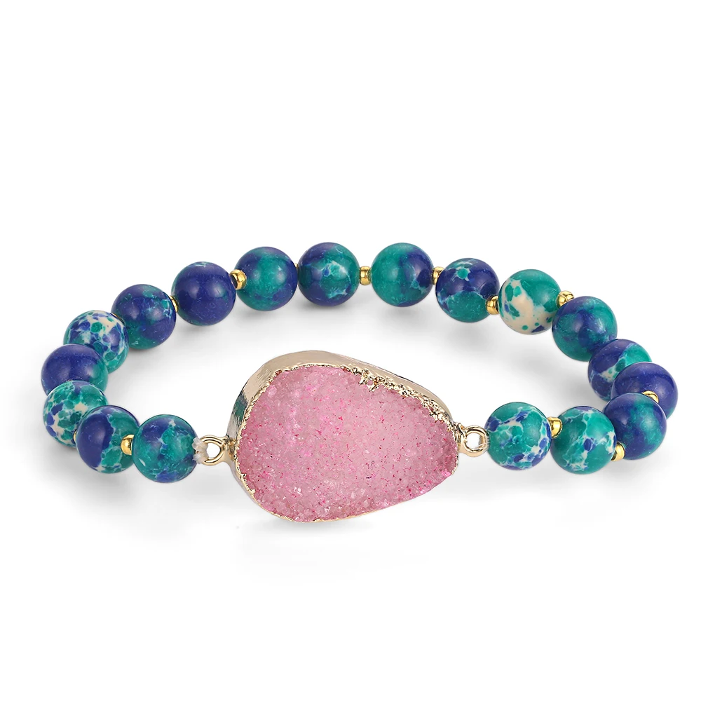 Pink Druzy Браслеты ShinyGem Yoga с натуральным камнем 8 мм синий зеленый морской осадочный Jaspers браслеты из бисера золотые браслеты ручной работы для женщин - Окраска металла: Pink Druzy