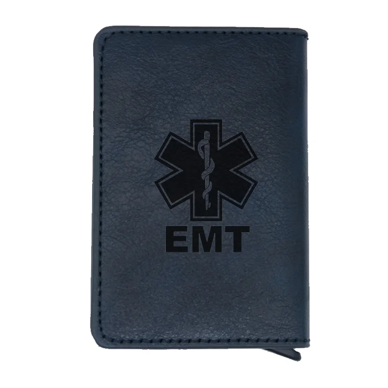 Blue Классический черный EMT аварийный медицинский техник Rfid держатель для карт мужские кошельки винтажные короткие кожаные тонкие маленькие кошельки - Цвет: Blue