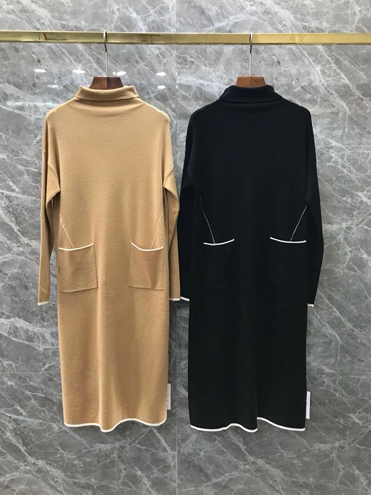 Early autumn new women's wear neck high collar symmetrical pocket decoration long sleeve solid color dress 1005