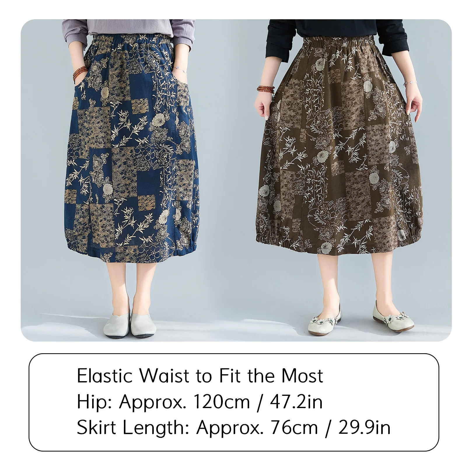 

Andelf Women Vintage Skirt Linen Fabric Elastic Waist Pockets Loose Fit Midi Skirt Plus Size Elastic waist Summer Casual Dress