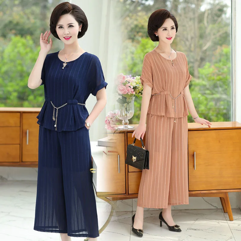 

Middle-aged Women 2 piece Set Summer 2021 Fashion Loose T-Shirt Short-sleeved Tops + Wide Leg Pants Pants Ladies Clothing Sets